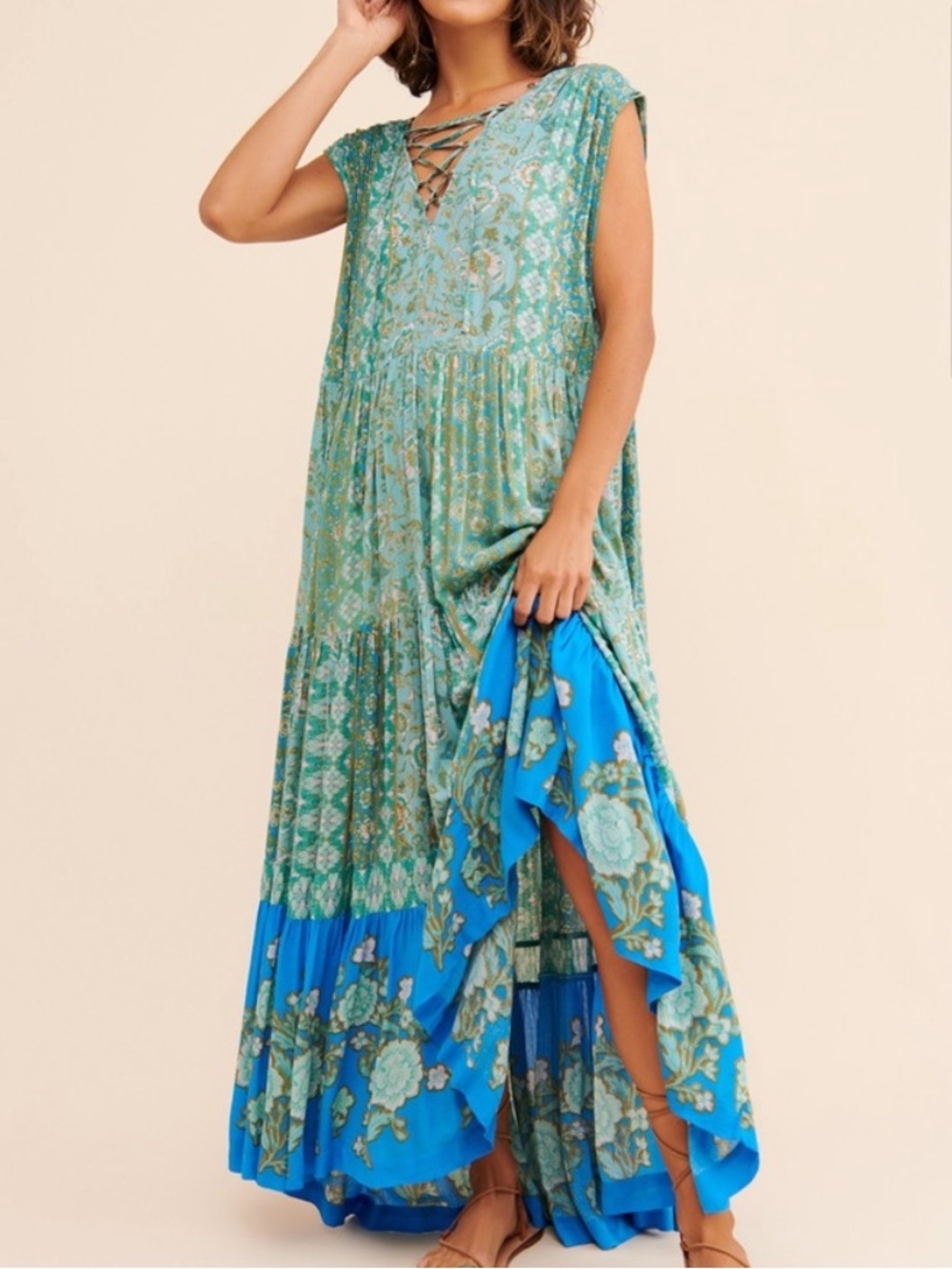 Free People Blue Floral Maxi Dress Hawaii Breeze Size Medium Hanalei Bay Boho